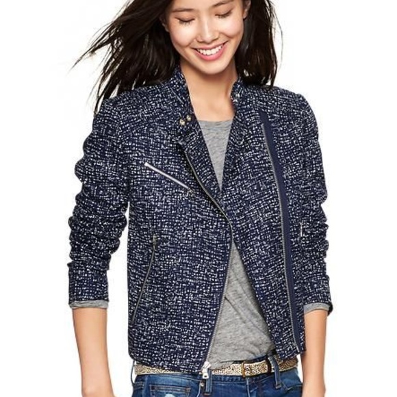 GAP Jackets & Blazers - Asymmetrical Navy Print Tweed Moto Jacket